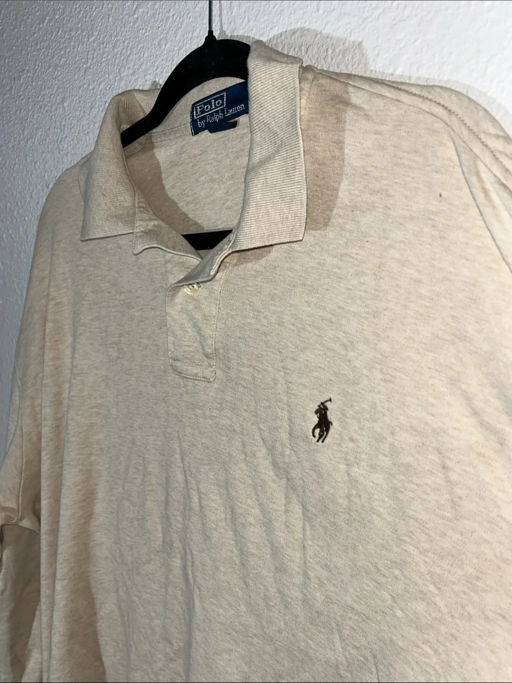 Vintage Men’s Polo by Ralph Lauren Long-Sleeve Polo Shirt - Cream/Brown Sz L